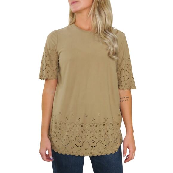 Anthro Tan Suede Laser Cut Out Casual Boho Hippie Minimalist Blouse Small - Picture 1 of 7